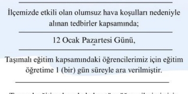 Şarköy’de taşımalı eğitime bir gün ara verildi