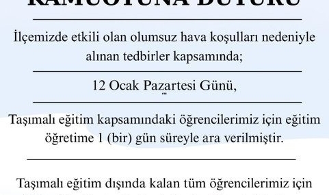 Şarköy’de taşımalı eğitime bir gün ara verildi