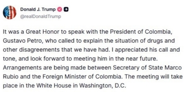 Trump, Kolombiya Devlet Başkanı Petro ile telefonda konuştuğunu duyurdu: "Beni aramasını ve üslubunu takdir ettim"