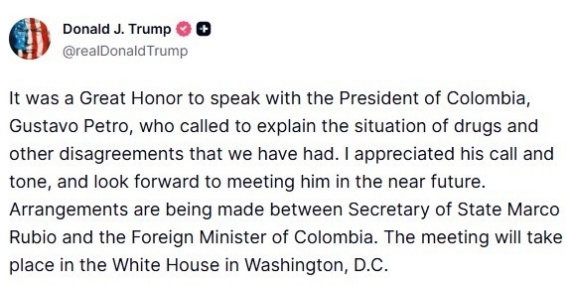 Trump, Kolombiya Devlet Başkanı Petro ile telefonda konuştuğunu duyurdu: "Beni aramasını ve üslubunu takdir ettim"